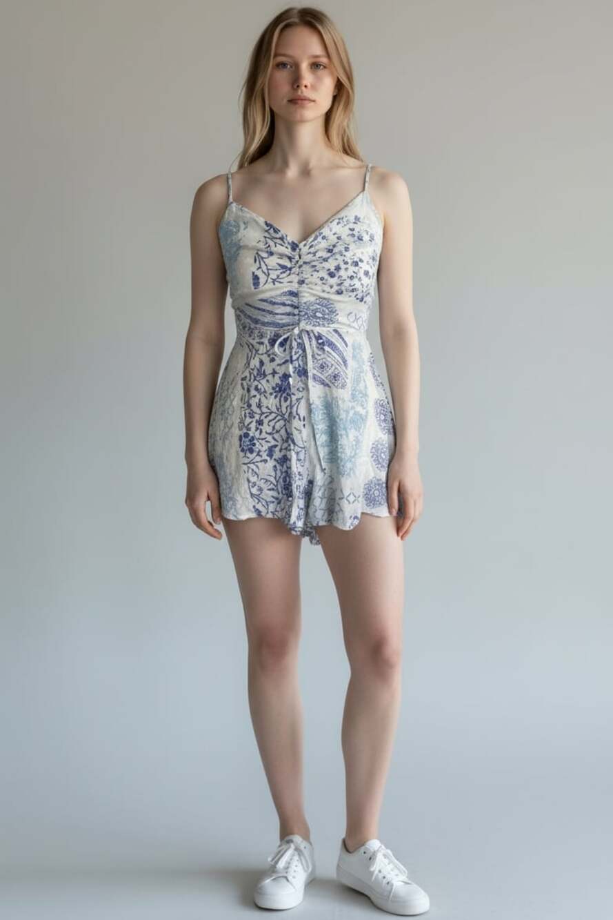BNDI Blue & White Floral Patchwork Boho Romper Size S Cottagecore Soft Girl Fem
